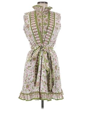 SUE SARTOR Flounce™ Mini Dress Sleeveless Pink and Green Floral Ruffle Belted